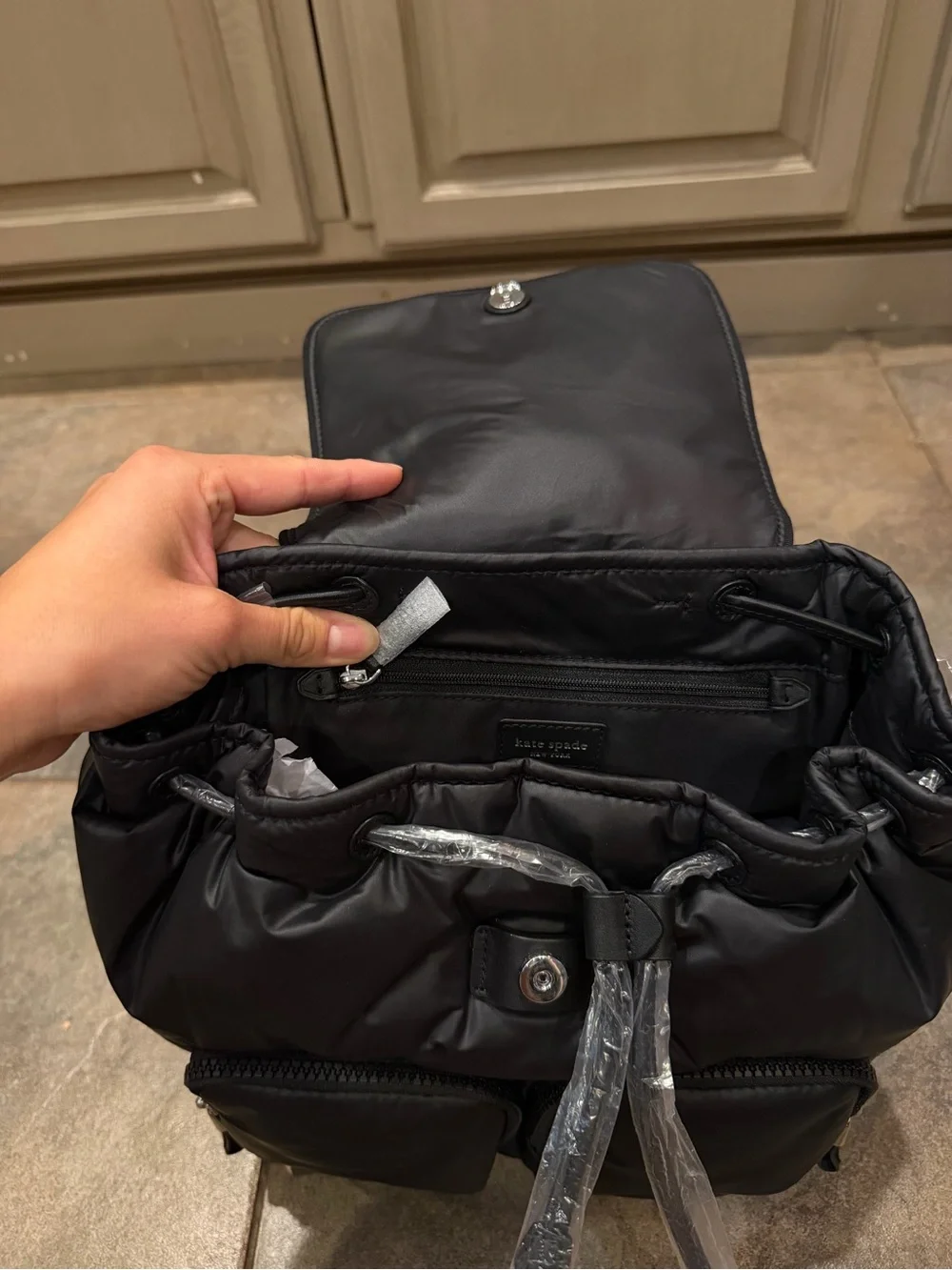 kate spade Black Nylon Roll-Top Backpack with Front Pockets
